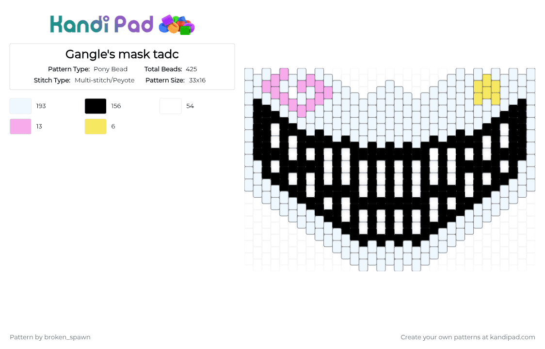 Gangle\'s mask tadc - Pony Bead Pattern by broken_spawn on Kandi Pad - white,pink,yellow