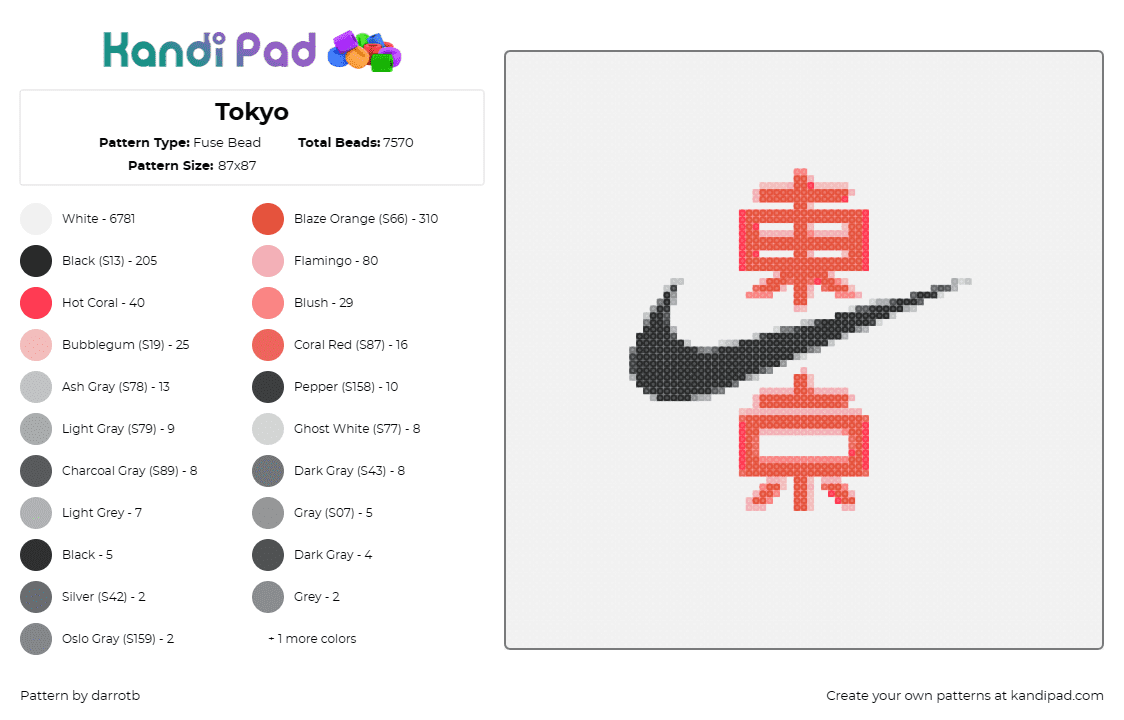 Tokyo - Fuse Bead Pattern by darrotb on Kandi Pad - tokyo,nike,logo,text,black,orange