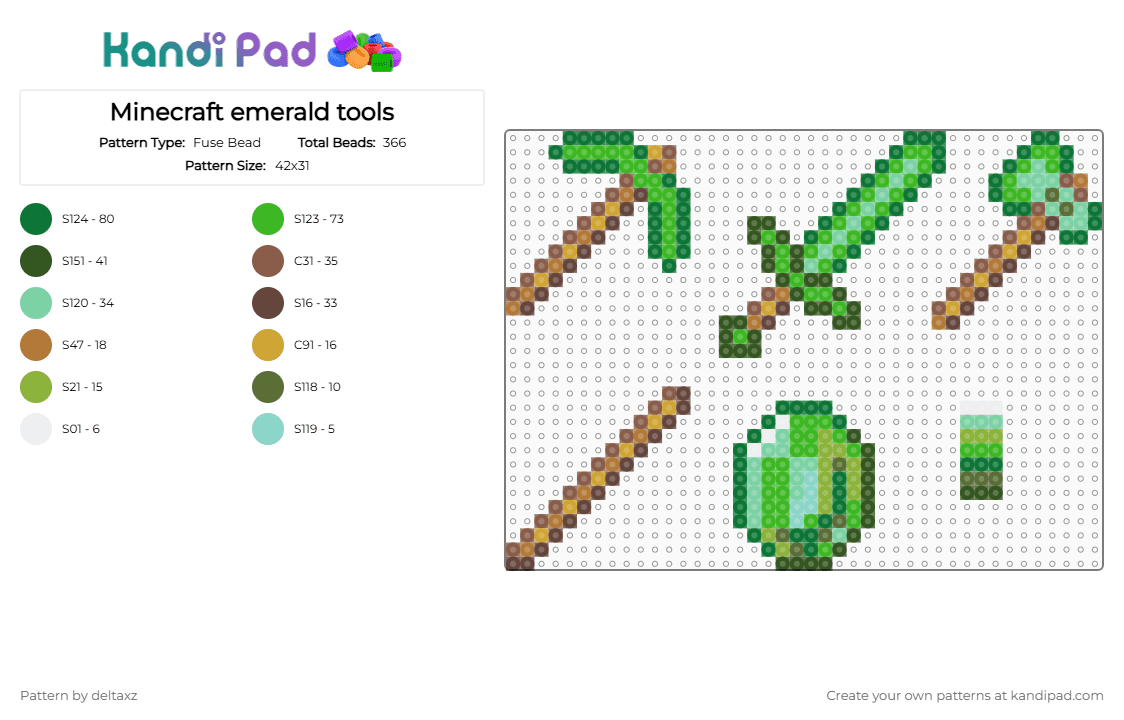 Minecraft emerald tools - Fuse Bead Pattern by deltaxz on Kandi Pad - green,tan,gold,minecraft,videogame,tools,emerald