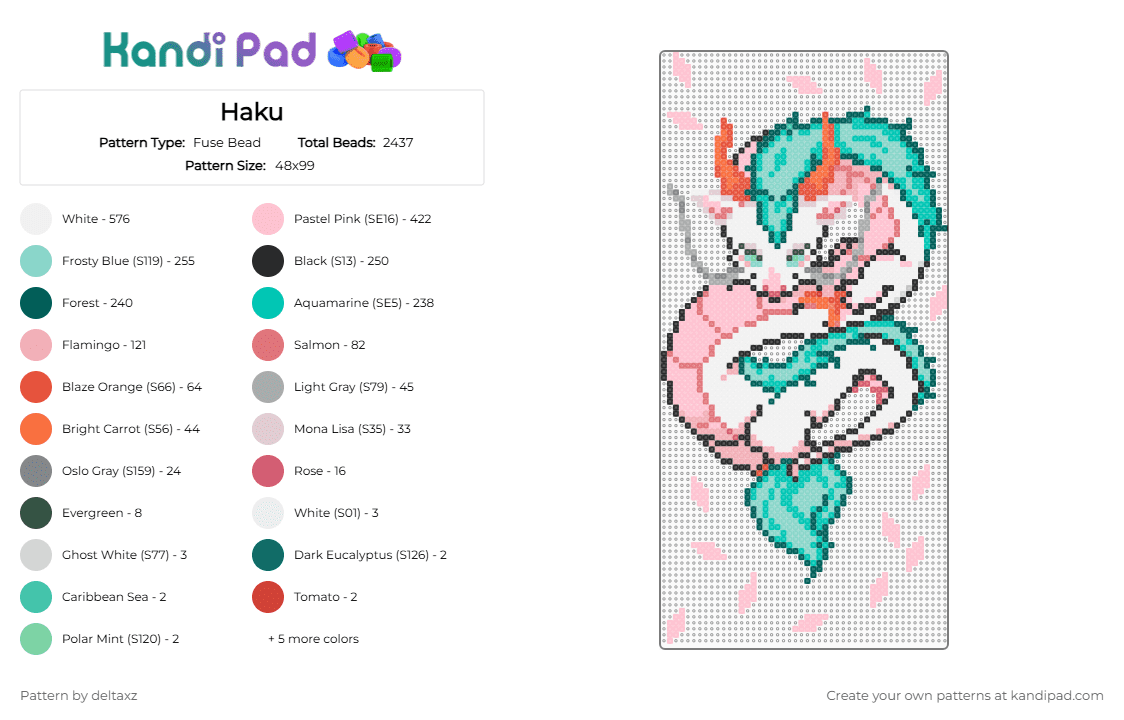 Haku - Fuse Bead Pattern by deltaxz on Kandi Pad - gray,teal,light blue,pink,haku,spirited away,ghibli
