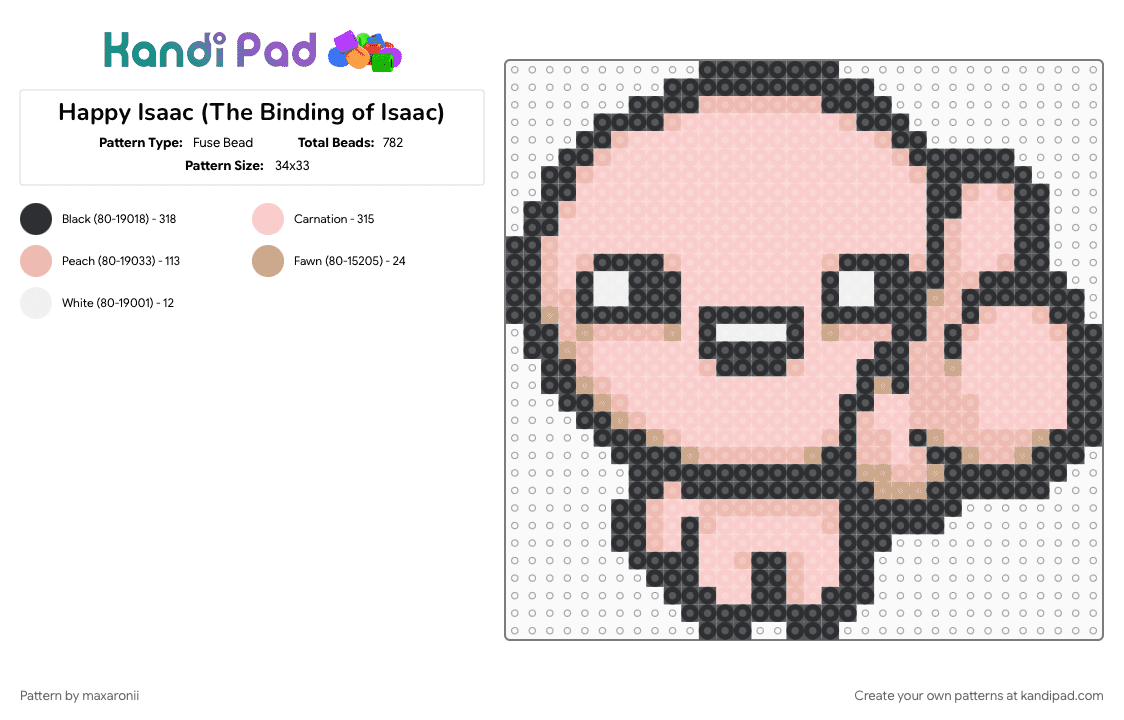 Happy Isaac (The Binding of Isaac) - Fuse Bead Pattern by maxaronii on Kandi Pad - beige, character, game sprite, gaming, happy, indie game, isaac, tboi, the binding of isaac
