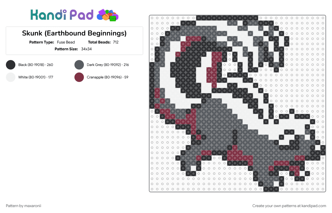Skunk (Earthbound Beginnings) - Fuse Bead Pattern by maxaronii on Kandi Pad - animal, earthbound, earthbound beginnings, game sprite, gray, retro, skunk, video game
