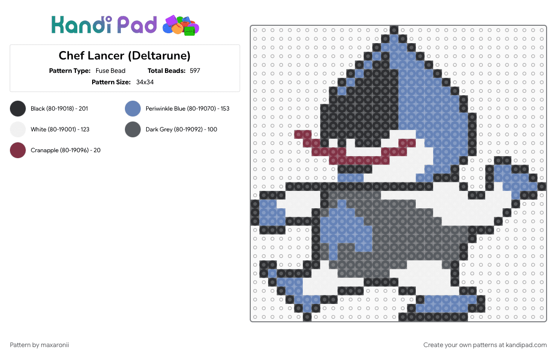 Chef Lancer (Deltarune) - Fuse Bead Pattern by maxaronii on Kandi Pad - blue, character, chef, cute, deltarune, gaming, gray, lancer, lancer deltarune, video game