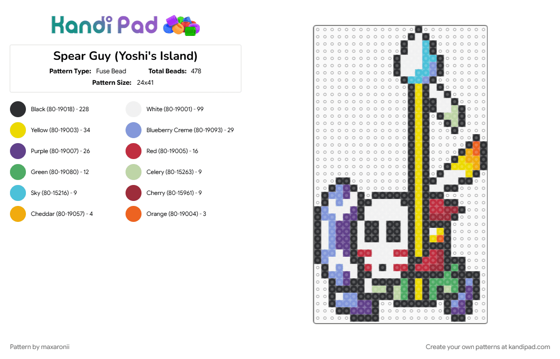 Spear Guy (Yoshi\'s Island) - Fuse Bead Pattern by maxaronii on Kandi Pad - black, colorful, enemy, game sprite, light blue, nintendo, red, retro, shy guy, spear guy, white, yellow, yoshi, yoshis island
