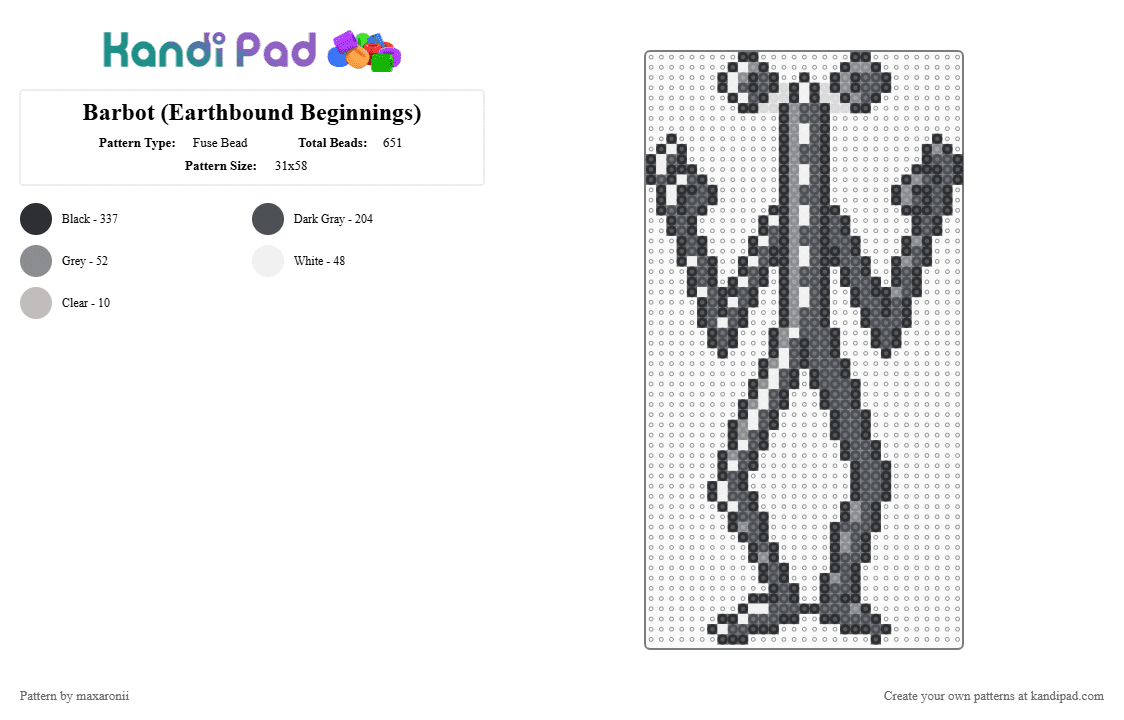 Barbot (Earthbound Beginnings) - Fuse Bead Pattern by maxaronii on Kandi Pad - barbot, earthbound, earthbound beginnings, enemy, game sprite, gray, retro, robot