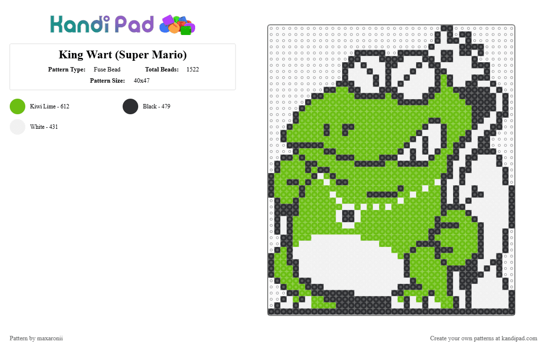 King Wart (Super Mario) - Fuse Bead Pattern by maxaronii on Kandi Pad - white,green,king wart,super mario,wart,king,frog,game sprite,retro,mario