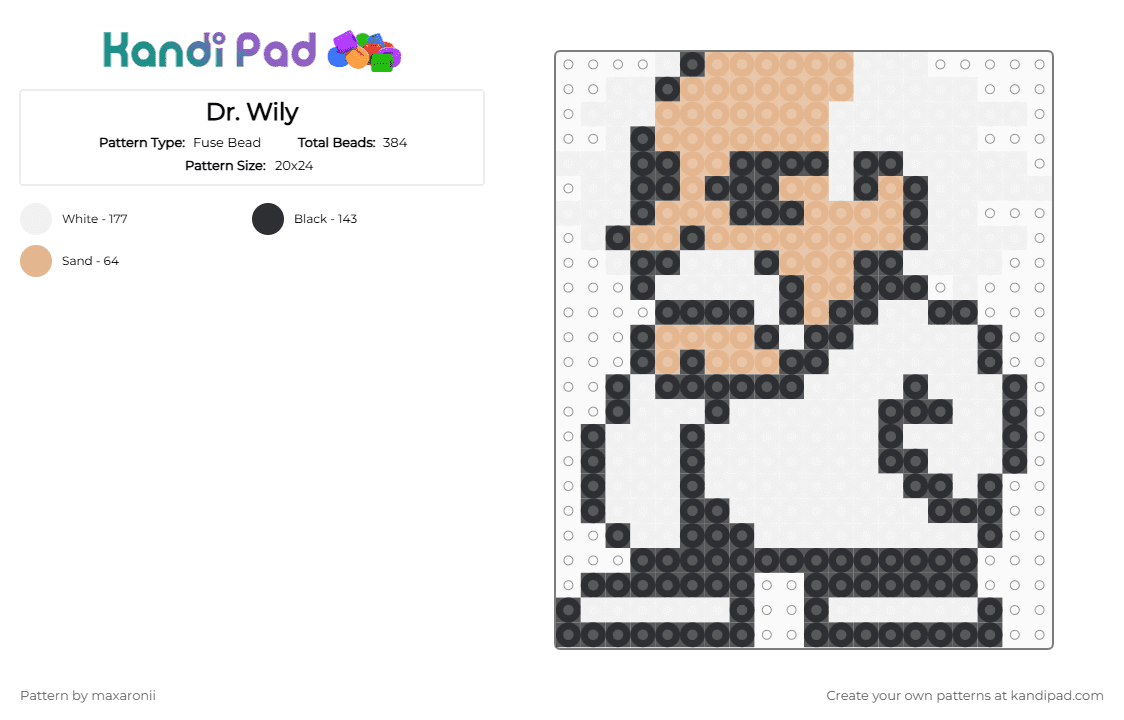 Dr. Wily (Mega Man) - Fuse Bead Pattern by maxaronii on Kandi Pad - beige, dr wily, game sprite, mega man, mega man 2, mega man ii, old, retro, scientist, white