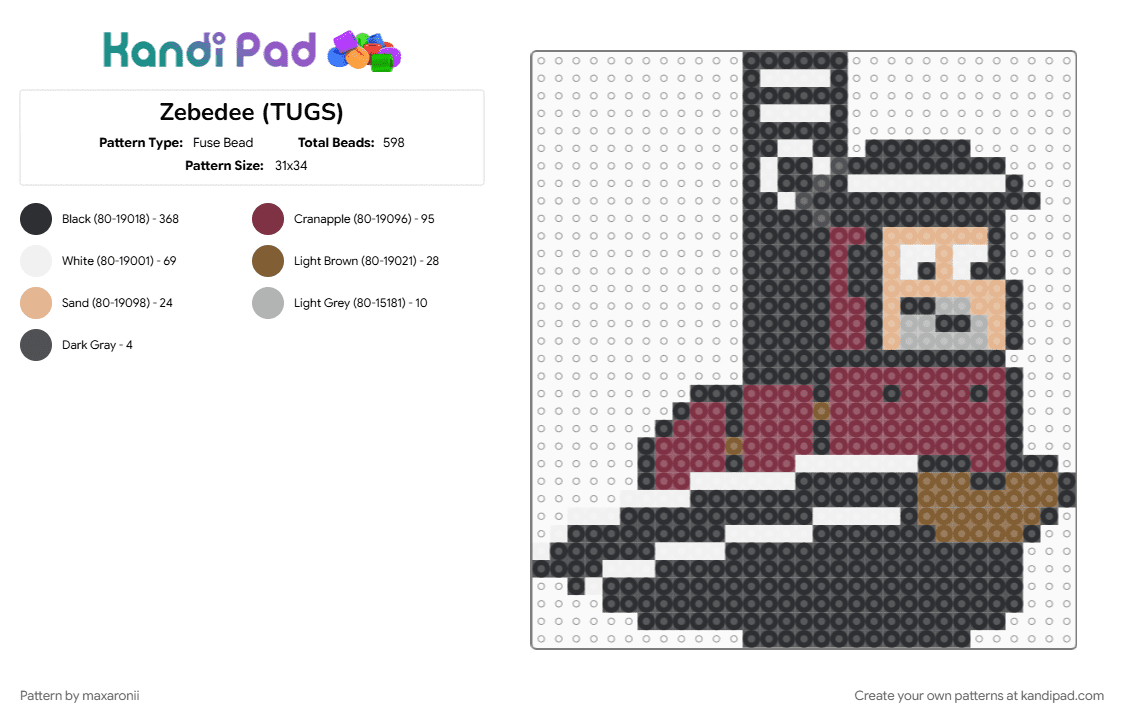 Zebedee (TUGS) - Fuse Bead Pattern by maxaronii on Kandi Pad - black, boat, brown, cartoon, character, ship, tugboat, tugs, zebedee