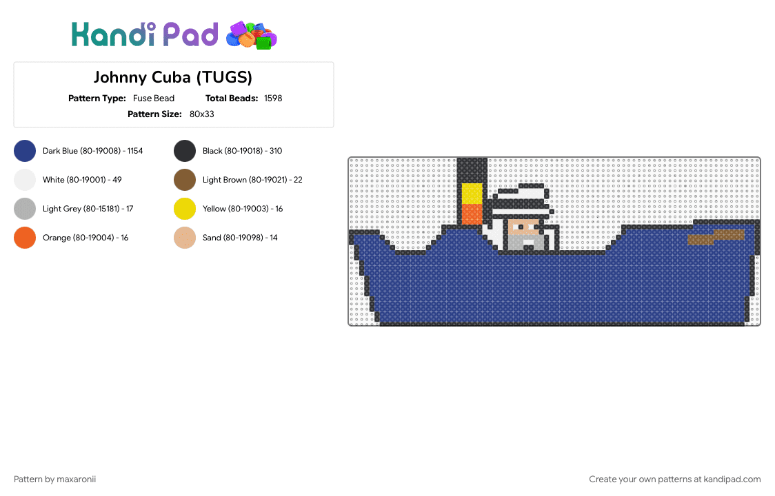 Johnny Cuba (TUGS) - Fuse Bead Pattern by maxaronii on Kandi Pad - blue, boat, cartoon, character, johnny cuba, retro, ship, tugboat, tugs