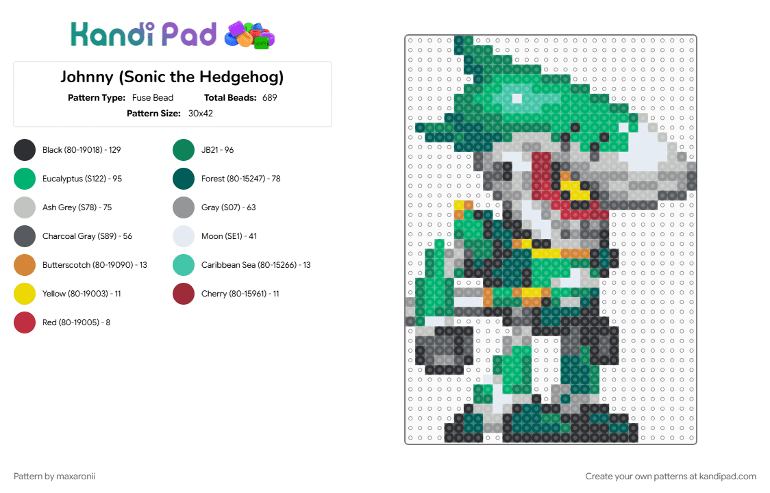 Johnny (Sonic the Hedgehog) - Fuse Bead Pattern by maxaronii on Kandi Pad - beige, character, game sprite, gaming, gray, green, johnny, sonic, sonic rush, sonic the hedgehog, teal, video game
