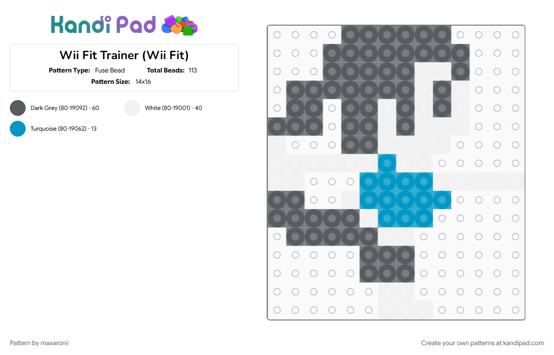 Wii Fit Trainer (Wii Fit) - Fuse Bead Pattern by maxaronii on Kandi Pad - character, game sprite, gray, mario maker, small, smash bros, video game, wii, wii fit trainer