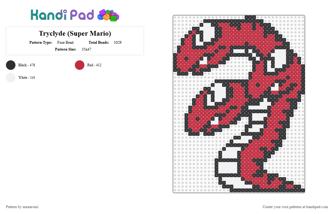 Tryclyde (Super Mario) - Fuse Bead Pattern by maxaronii on Kandi Pad - red,tryclyde,super mario,snake,hydra,mario,game sprite,game boss,creature