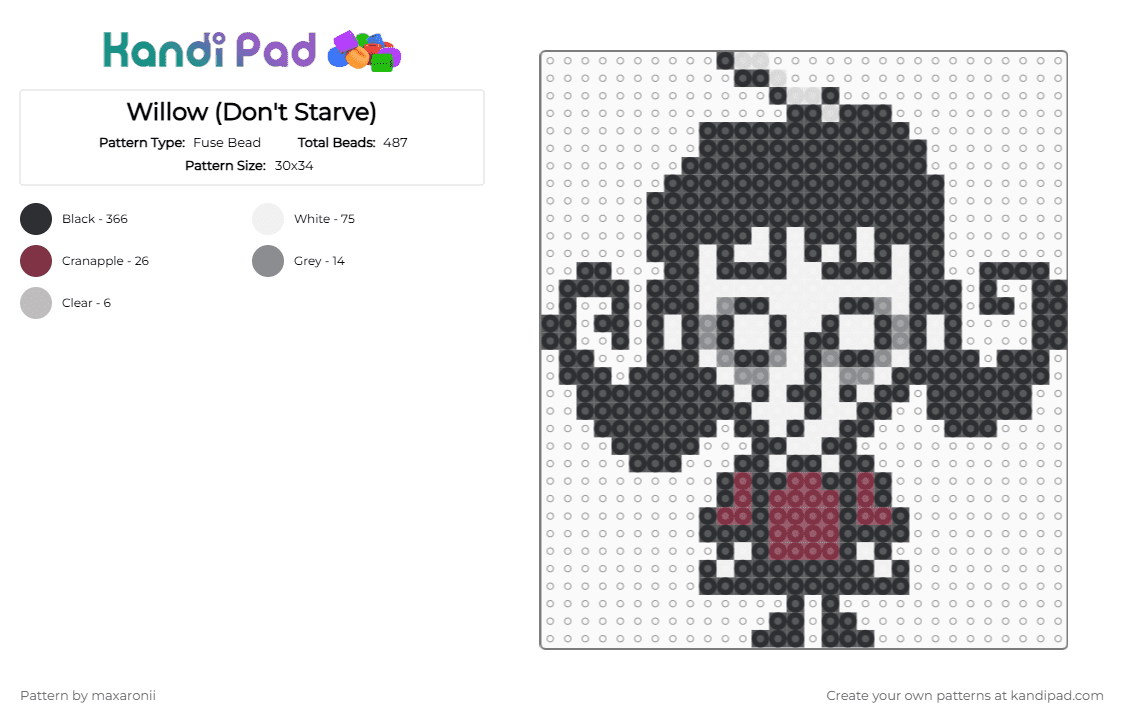Willow (Don\'t Starve) - Fuse Bead Pattern by maxaronii on Kandi Pad - black,white,brown,willow,dont starve,indie game,creepy,horror,indie,girl
