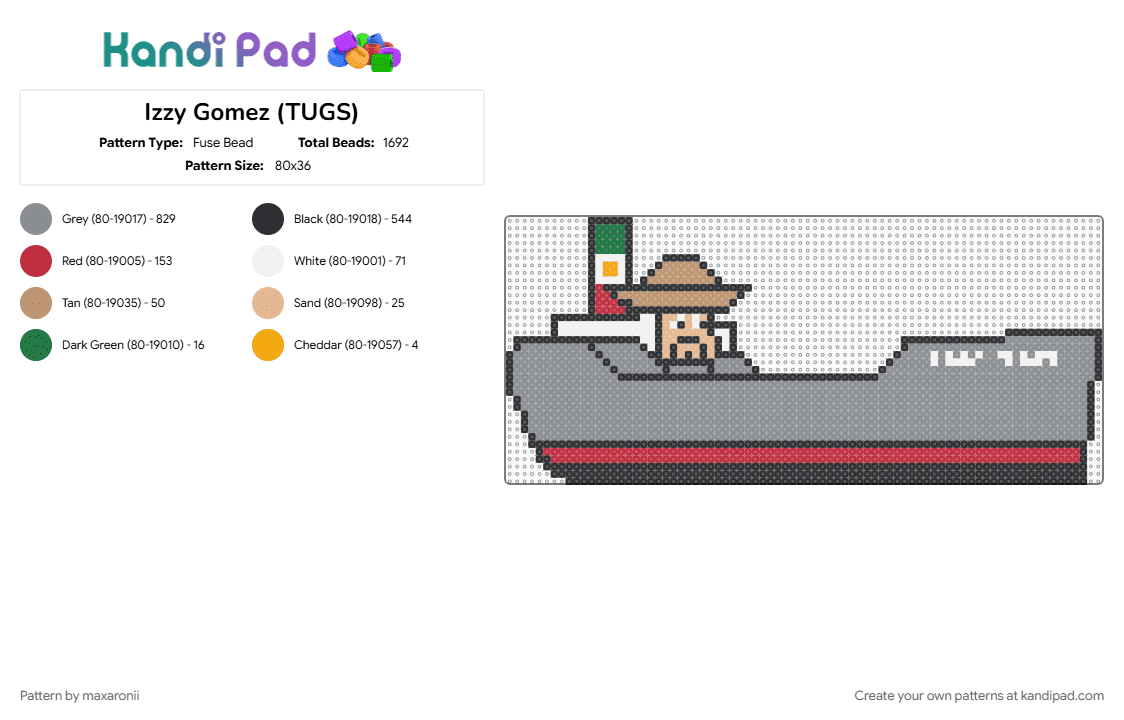 Izzy Gomez (TUGS) - Fuse Bead Pattern by maxaronii on Kandi Pad - boat, cartoon, gray, izzy gomez, kids show, mexican, ship, tugboat, tugs