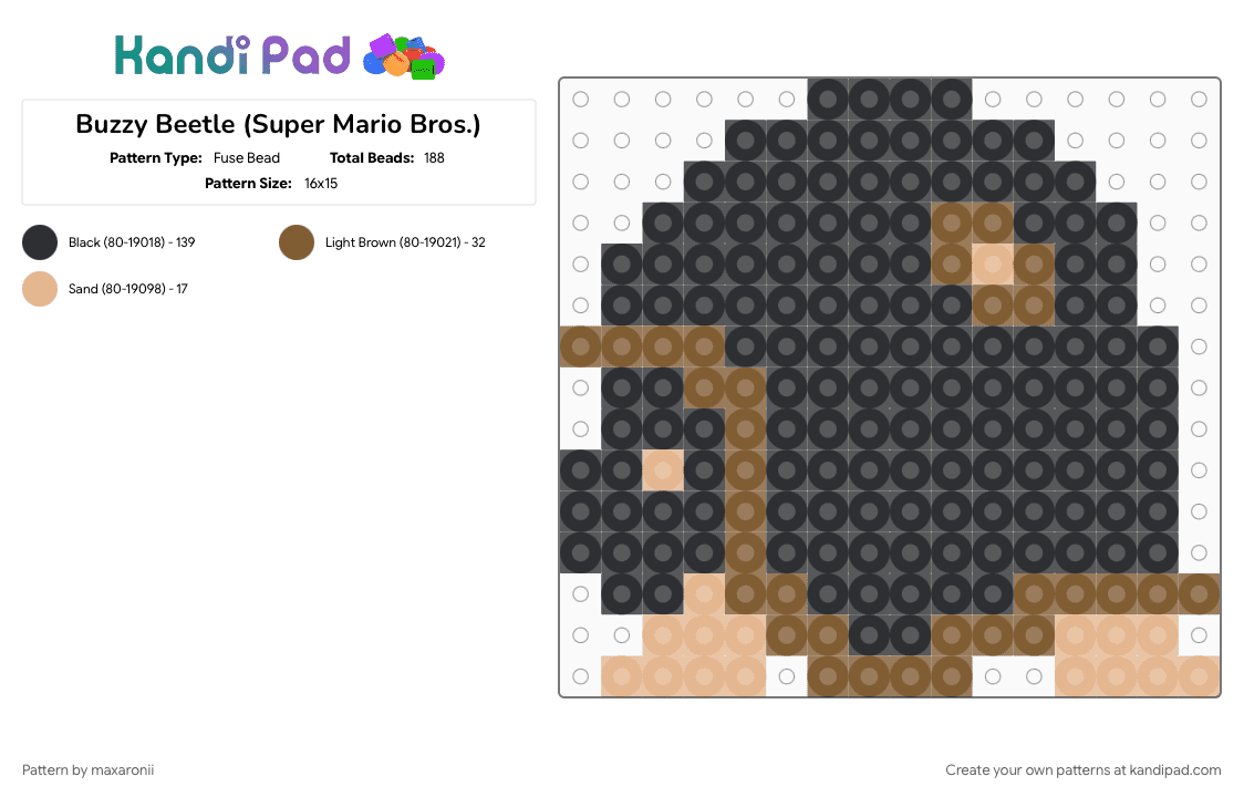 Buzzy Beetle (Super Mario Bros.) - Fuse Bead Pattern by maxaronii on Kandi Pad - beige, black, buzzy beetle, character, enemy, game sprite, mario, nintendo, retro, tan, video game