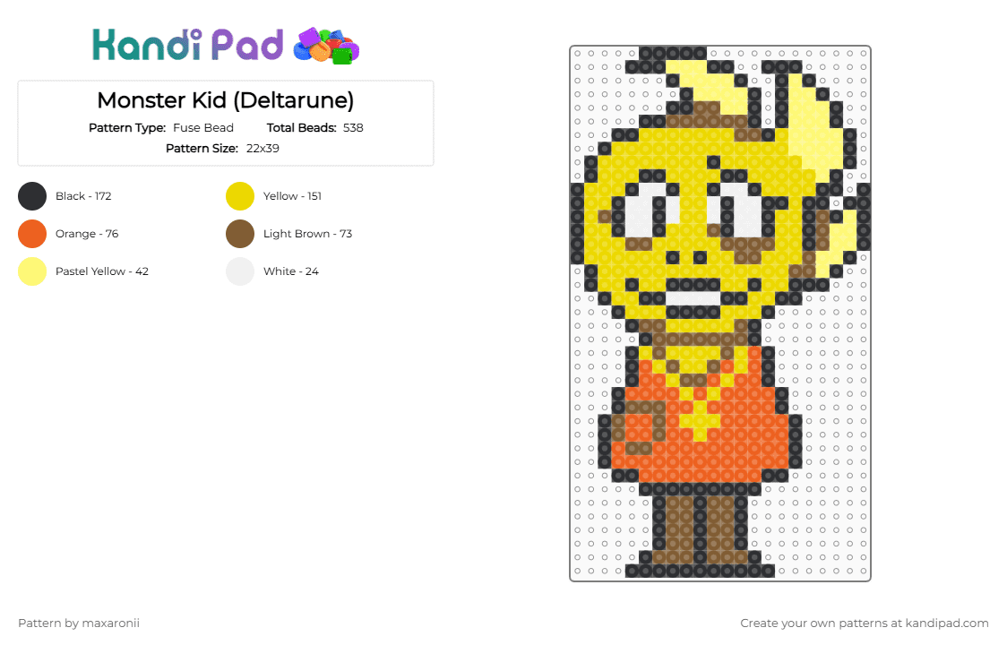 Monster Kid (Deltarune) - Fuse Bead Pattern by maxaronii on Kandi Pad - deltarune, deltarune chapter 1, game sprite, monster kid, toby fox, undertale, yellow