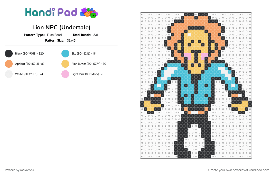 Lion NPC (Undertale) - Fuse Bead Pattern by maxaronii on Kandi Pad - black, character, deltarune, game sprite, gaming, light blue, lion, npc, orange, undertale, video game, yellow