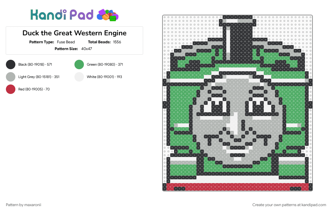 Duck the Great Western Engine - Fuse Bead Pattern by maxaronii on Kandi Pad - beige, cartoon, character, duck, green, kids show, portrait, thomas and friends, thomas the tank engine, train