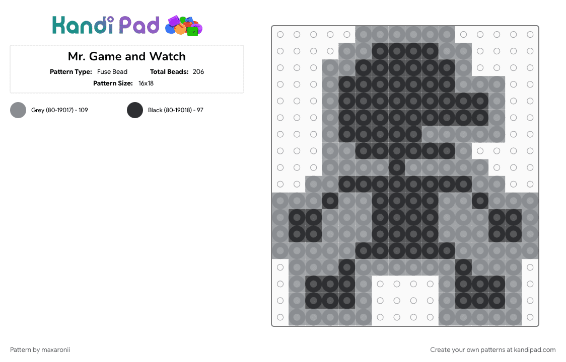 Mr. Game and Watch - Fuse Bead Pattern by maxaronii on Kandi Pad - black, character, game sprite, gaming, gray, mario maker, mr game and watch, nintendo, video game
