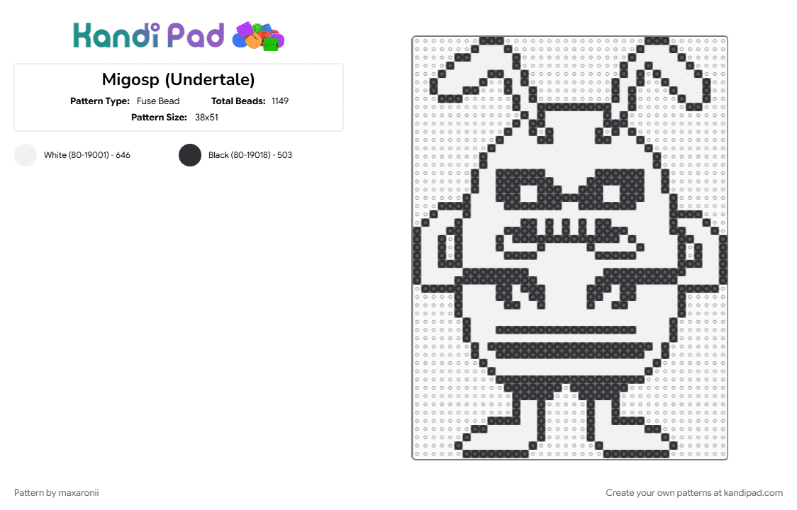 Migosp (Undertale) - Fuse Bead Pattern by maxaronii on Kandi Pad - black, character, deltarune, enemy, game sprite, indie game, migosp, migospel, undertale, white