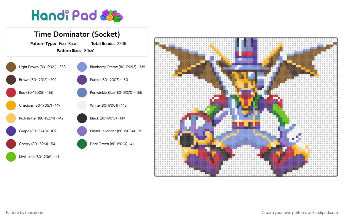 Time Dominator (Socket) - Fuse Bead Pattern by maxaronii on Kandi Pad - boss, character, colorful, game sprite, light blue, purple, retro, socket, tan, time dominator, video game