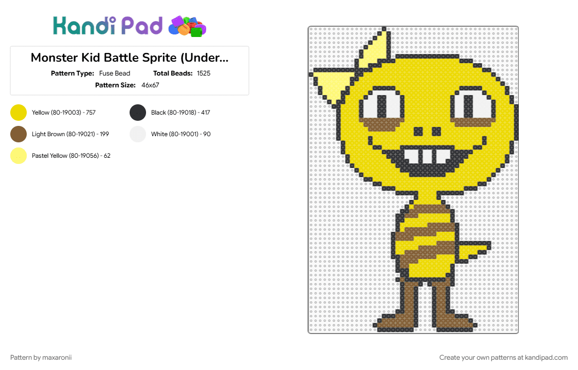 Monster Kid Battle Sprite (Undertale) - Fuse Bead Pattern by maxaronii on Kandi Pad - character, deltarune, game sprite, monster, monster kid, sans, undertale, video game, yellow