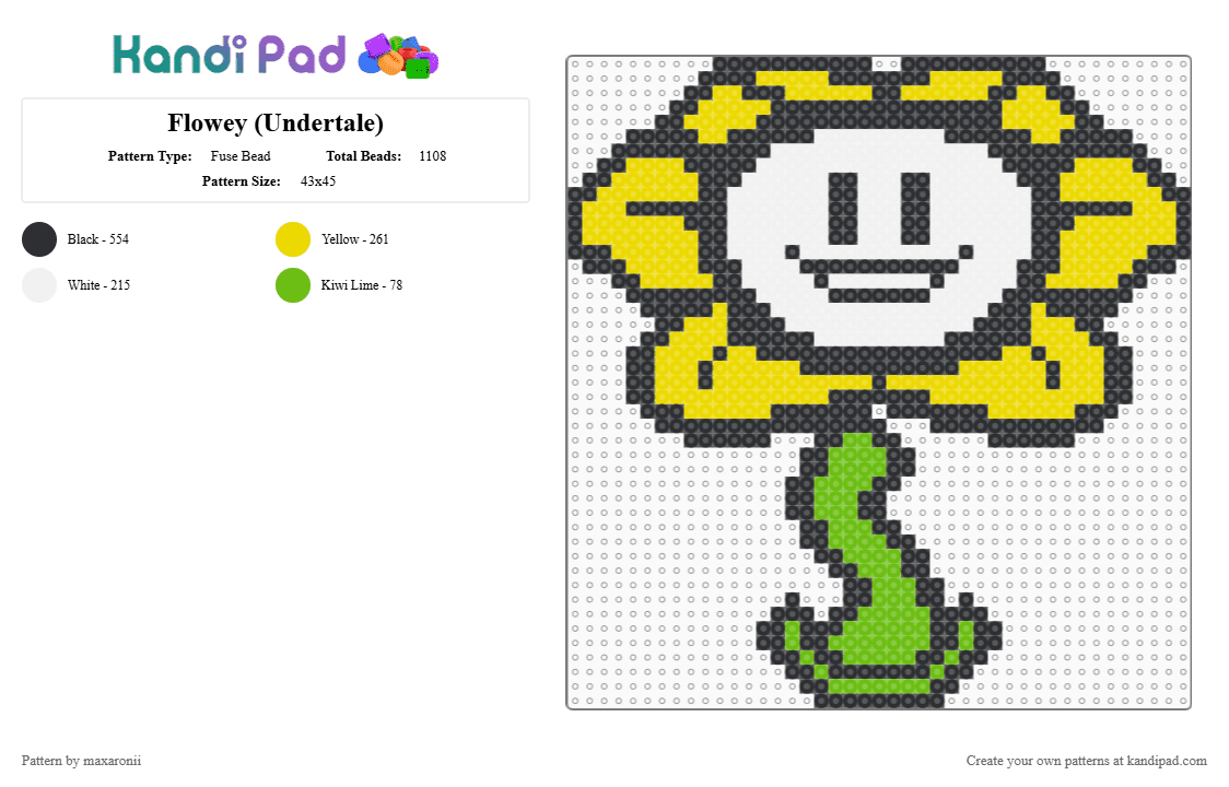 Flowey Battle Sprite (Undertale) - Fuse Bead Pattern by maxaronii on Kandi Pad - deltarune, floral, flowers, flowey, frisk, game sprite, smiley face, undertale, yellow