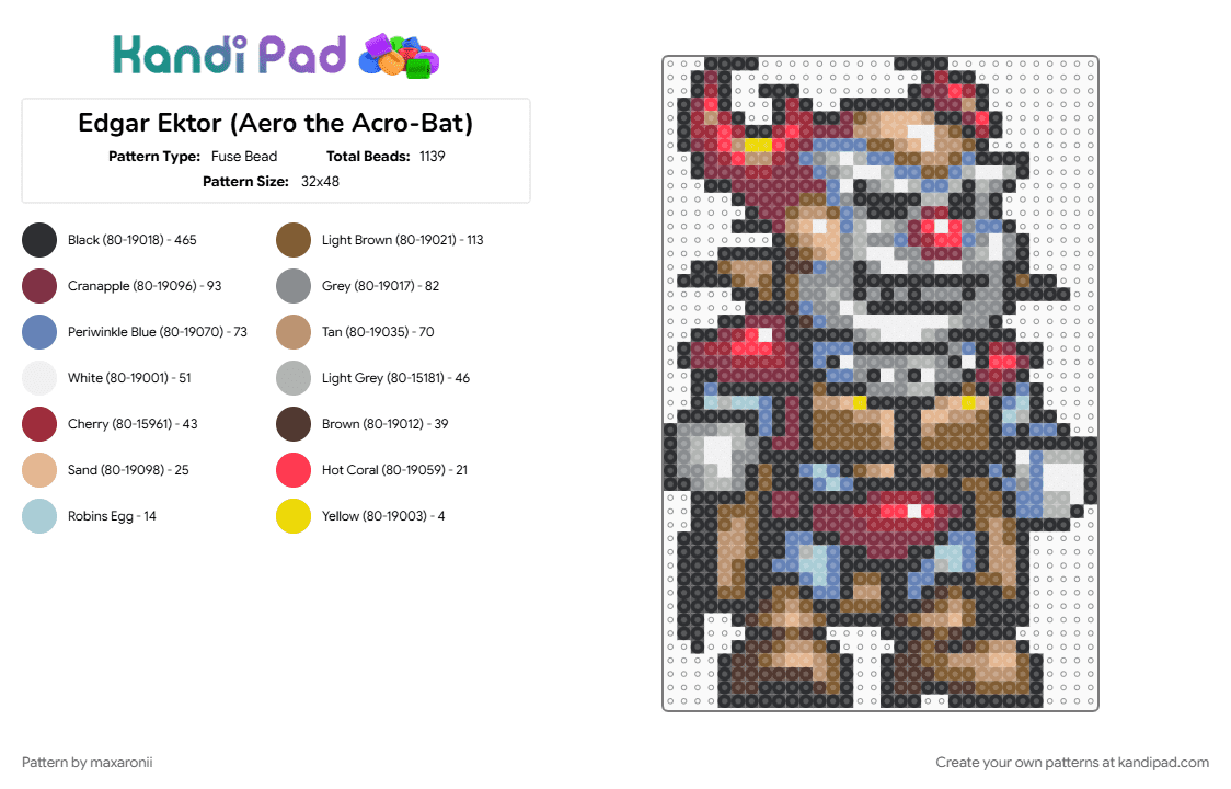 Edgar Ektor (Aero the Acro-Bat) - Fuse Bead Pattern by maxaronii on Kandi Pad - aero the acrobat, beige, black, blue, brown, character, colorful, edgar, ektor, game sprite, gaming, retro, villain