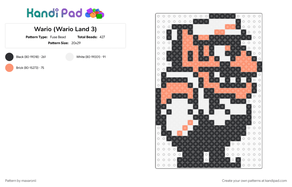 Wario (Wario Land 3) - Fuse Bead Pattern by maxaronii on Kandi Pad - game sprite, mario, nintendo, orange, retro, video game, waluigi, wario, wario land, white