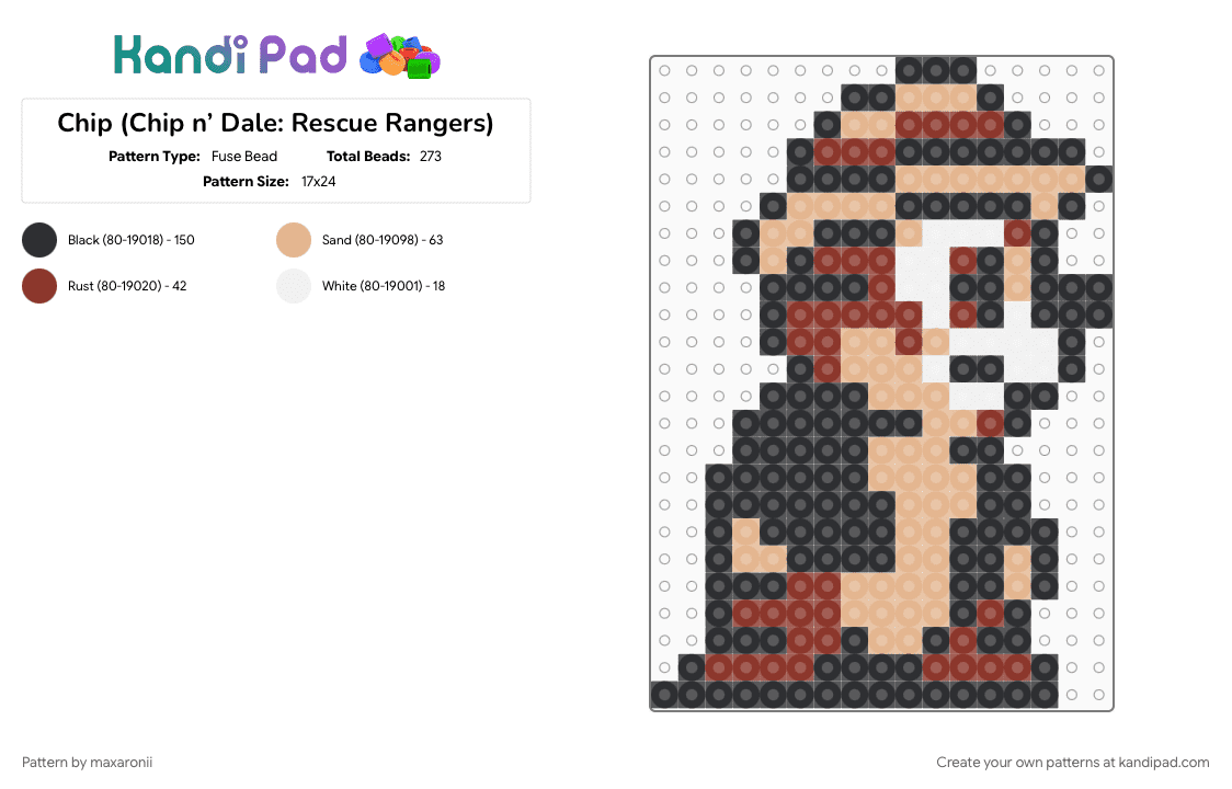 Chip (Chip n’ Dale: Rescue Rangers) - Fuse Bead Pattern by maxaronii on Kandi Pad - beige, black, character, chip, dale, disney, game sprite, gaming, red, retro, video game