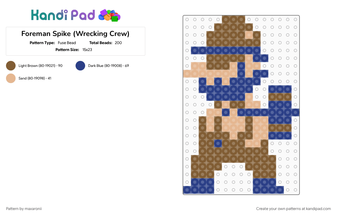 Foreman Spike (Wrecking Crew) - Fuse Bead Pattern by maxaronii on Kandi Pad - blue, character, game sprite, mario, nintendo, retro, spike, tan, video game, wrecking crew