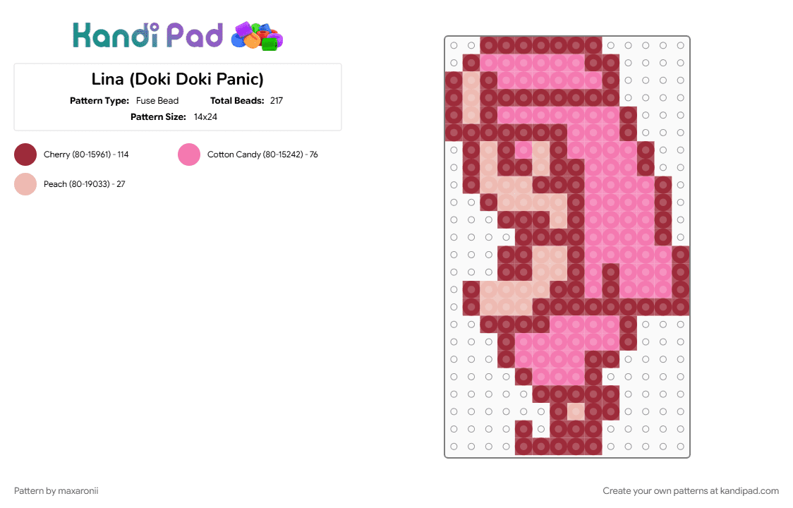 Lina (Doki Doki Panic) - Fuse Bead Pattern by maxaronii on Kandi Pad - arabic, character, doki doki panic, game sprite, lina, nintendo, pink, princess, red, retro