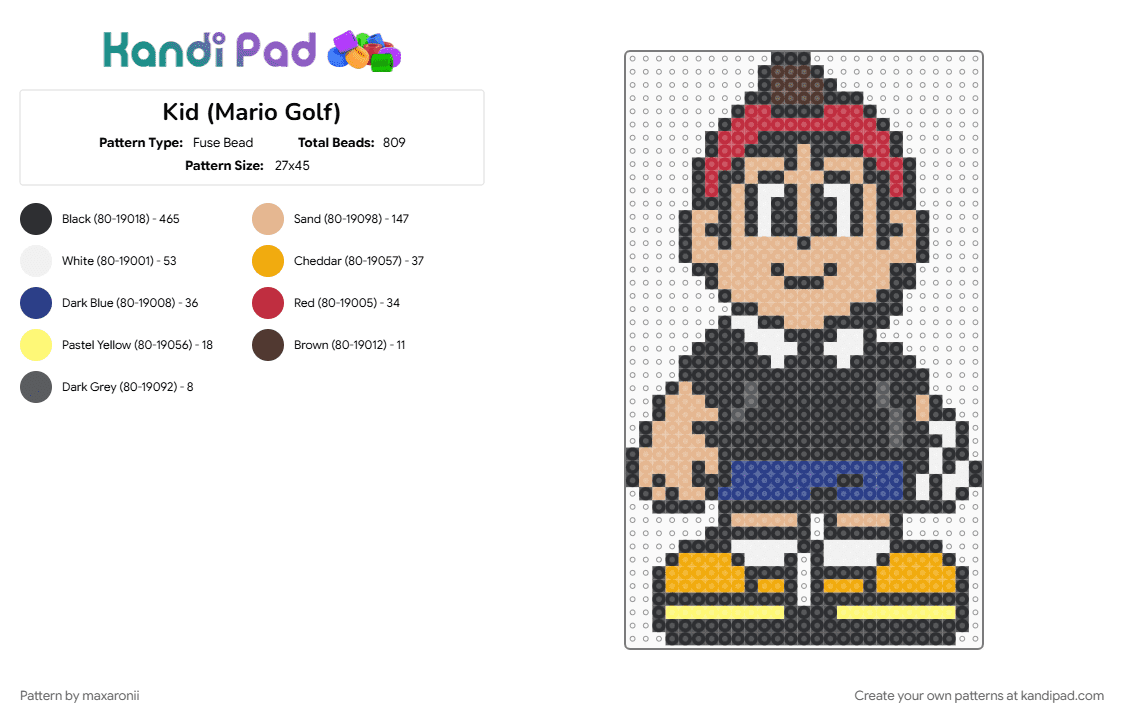 Kid (Mario Golf) - Fuse Bead Pattern by maxaronii on Kandi Pad - beige, black, character, game sprite, gaming, kid, mario, mario golf, retro, video game
