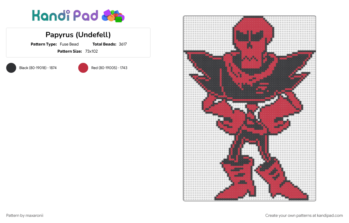 Papyrus (Undefell) - Fuse Bead Pattern by maxaronii on Kandi Pad - black, edgy, fanmade, game sprite, papyrus, red, skeleton, underfell, undertale, undertale au