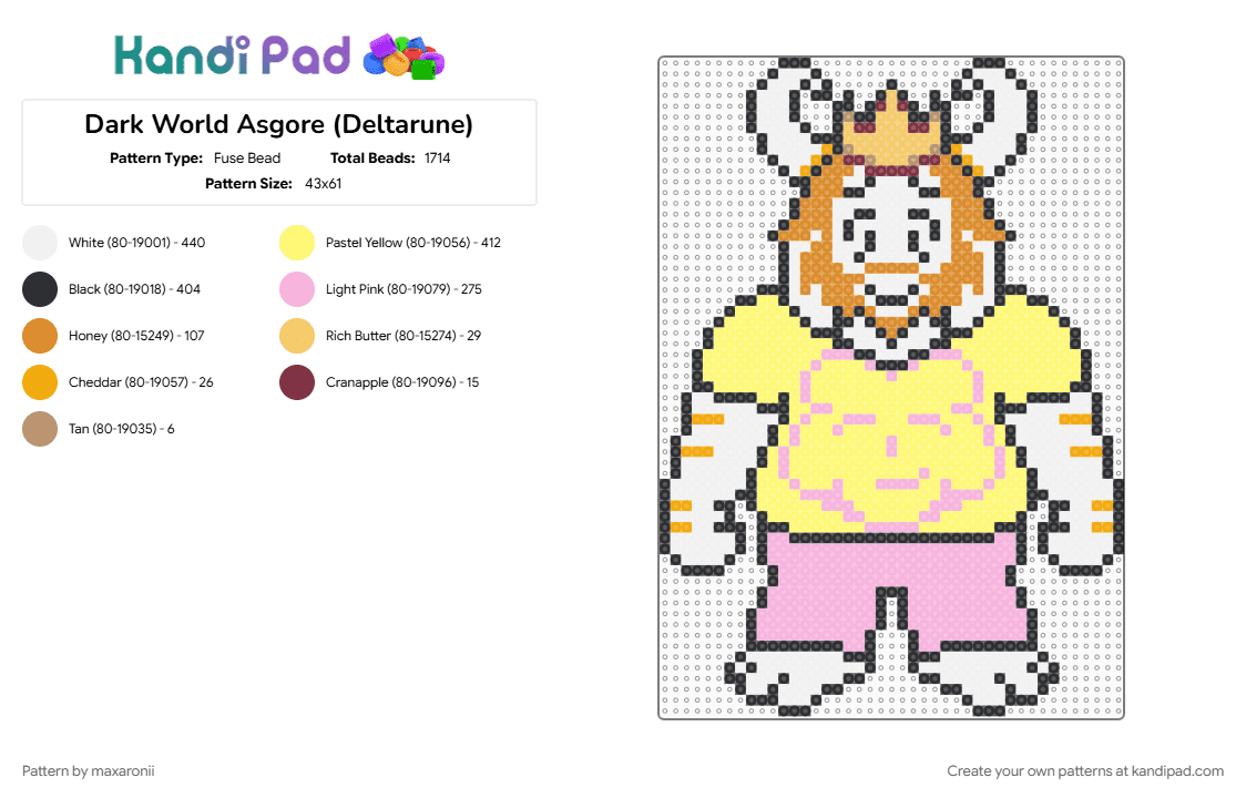 Dark World Asgore (Deltarune) - Fuse Bead Pattern by maxaronii on Kandi Pad - asgore, character, dark world, deltarune, deltarune chapter 5, game sprite, gaming, pink, undertale, yellow