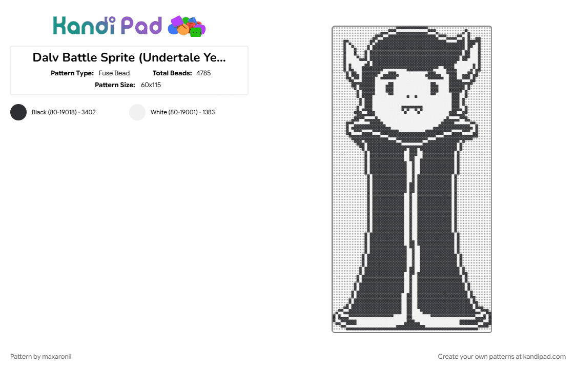 Dalv Battle Sprite (Undertale Yellow) - Fuse Bead Pattern by maxaronii on Kandi Pad - black, dalv, fan character, game sprite, gaming, indie game, undertale, undertale yellow, vampire, white