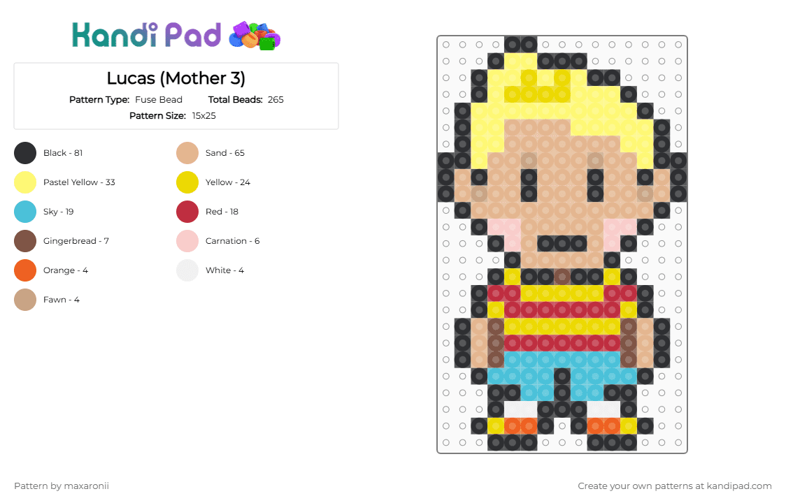 Lucas (Mother 3) - Fuse Bead Pattern by maxaronii on Kandi Pad - yellow,beige,lucas,mother 3,earthbound,game sprite,mother,ness,smash bros,sprite