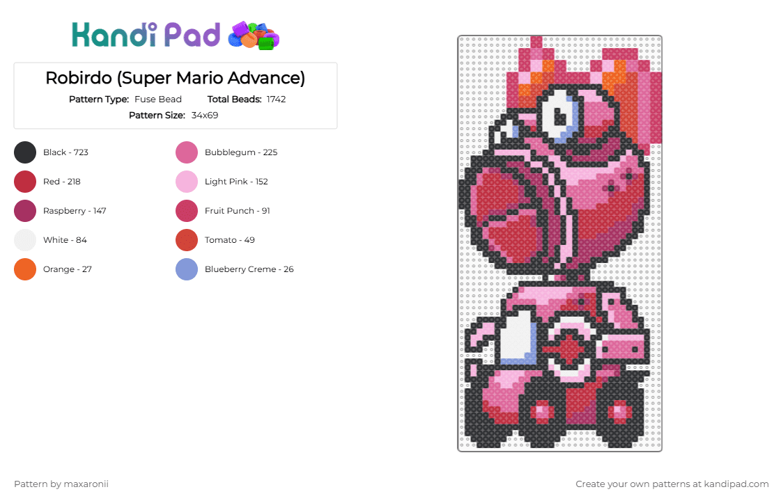 Robirdo (Super Mario Advance) - Fuse Bead Pattern by maxaronii on Kandi Pad - pink,red,robirdo,birdo,super mario,mario bros,robot,game sprite,mario,retro