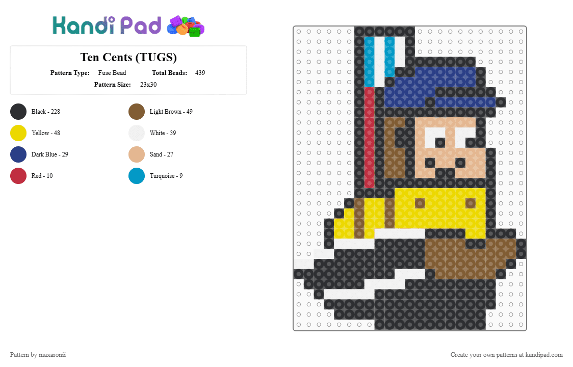 Ten Cents (TUGS) - Fuse Bead Pattern by maxaronii on Kandi Pad - black, blue, boat, chibi, colorful, tan, ten cents, thomas, thomas the train, tugboat, tugs, vehicles, yellow