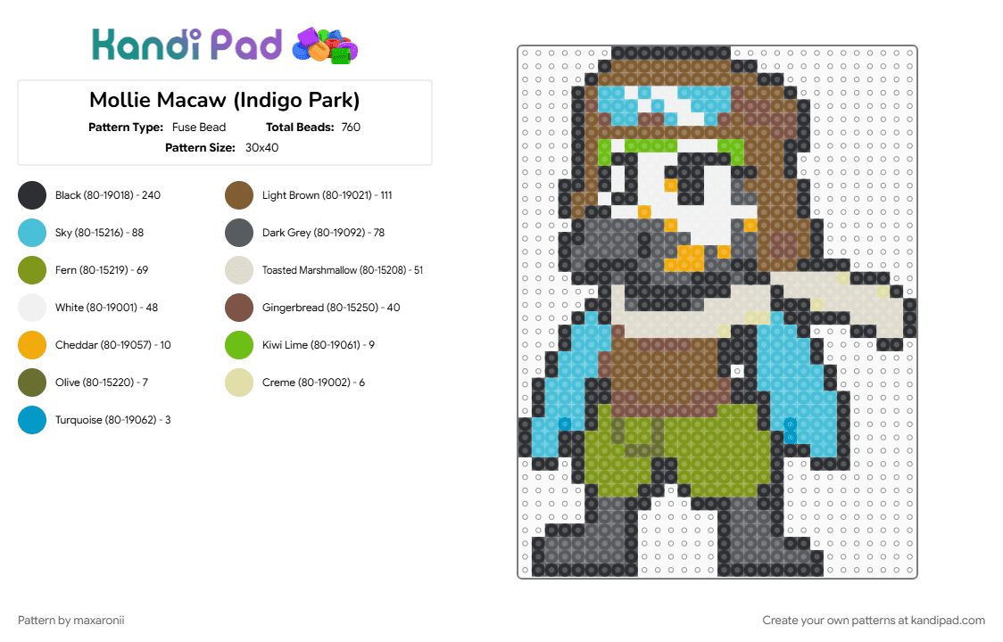 Mollie Macaw (Indigo Park) - Fuse Bead Pattern by maxaronii on Kandi Pad - character, cute, gaming, gold, gray, indie game, indigo park, light blue, mascot, mascot horror, mollie macaw, tan