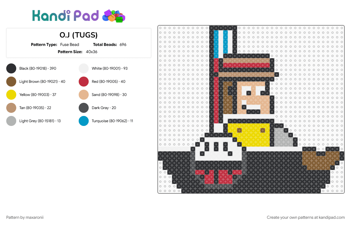 O.J (TUGS) - Fuse Bead Pattern by maxaronii on Kandi Pad - black, boat, cartoon, colorful, kids show, oj, red, ship, tugboat, tugs, yellow