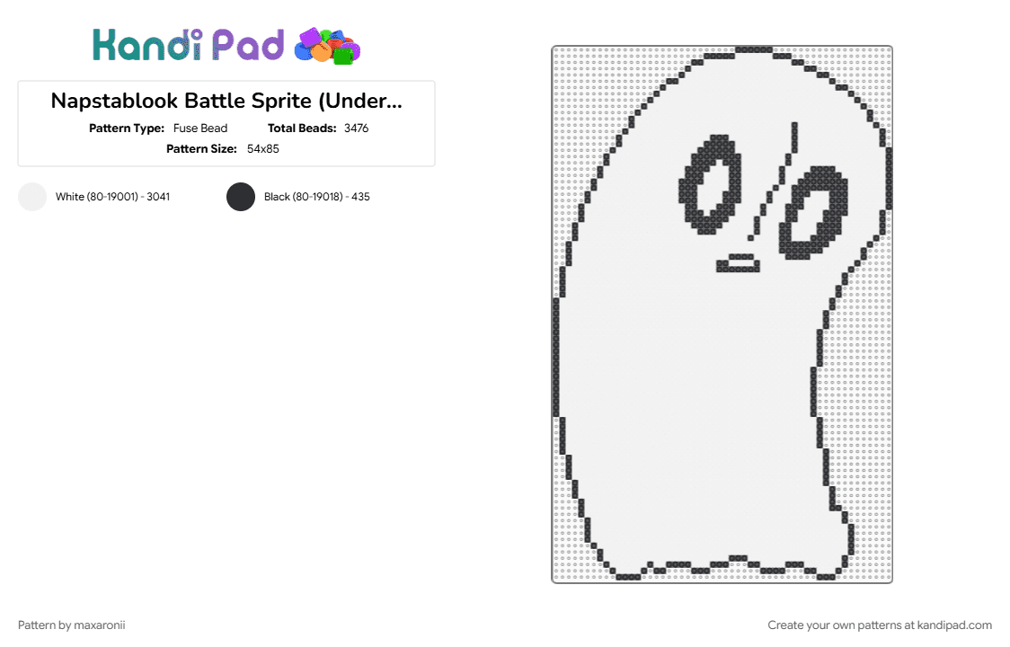 Napstablook Battle Sprite (Undertale) - Fuse Bead Pattern by maxaronii on Kandi Pad - deltarune, enemy, game sprite, ghost, mettaton, napstablook, spooky, undertale, white
