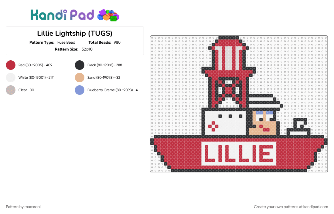 Lillie Lightship (TUGS) - Fuse Bead Pattern by maxaronii on Kandi Pad - boat, cartoon, character, lightship, lillie, red, ship, tugboat, tugs