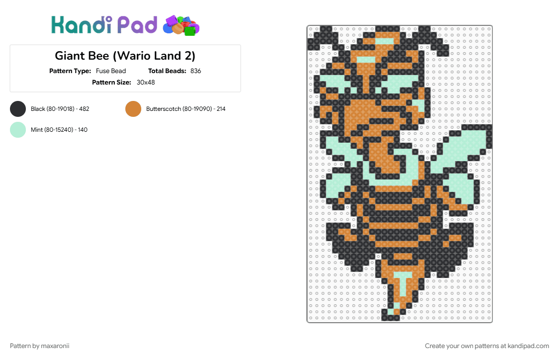 Giant Bee (Wario Land 2) - Fuse Bead Pattern by maxaronii on Kandi Pad - bee, character, game sprite, gaming, giant bee, light blue, orange, retro, wario, wario land