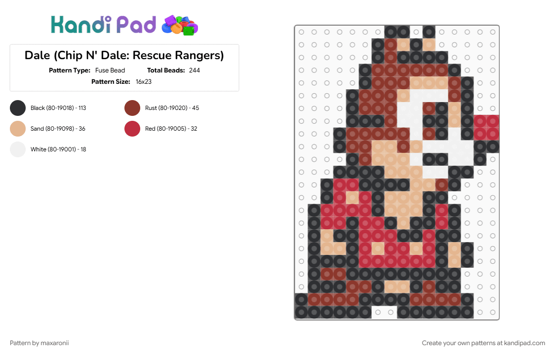 Dale (Chip n\' Dale: Rescue Rangers) - Fuse Bead Pattern by maxaronii on Kandi Pad - beige, character, chip and dale, cotdoldschoolcartoons, dale, disney, game sprite, nostalgia, red, retro