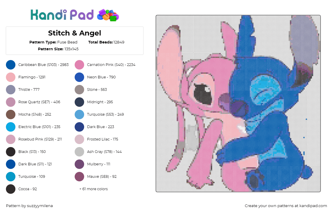 Stitch & Angel - Fuse Bead Pattern by suzzyymilena on Kandi Pad - stitch,angel,lilo and stitch,characters,cute,disney,hug,blue,pink