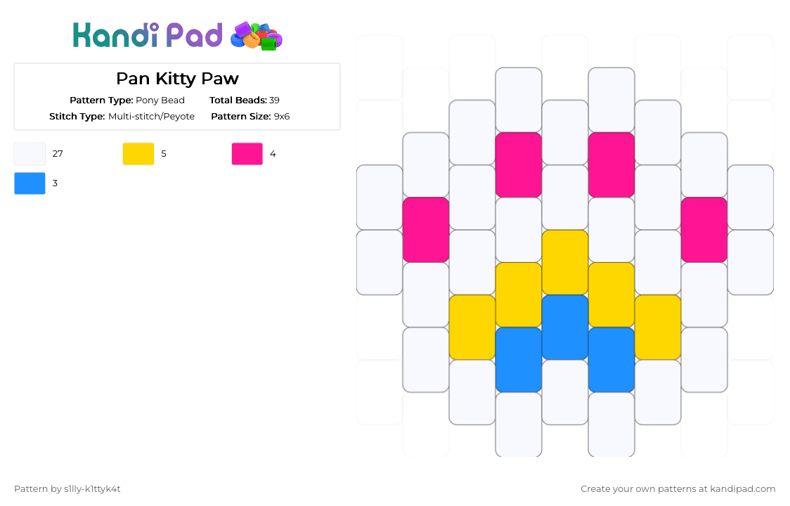 Pan Kitty Paw - Pony Bead Pattern by s1lly-k1ttyk4t on Kandi Pad - white,yellow,pink,pan,kitty,paw,catpaw,lgbtq