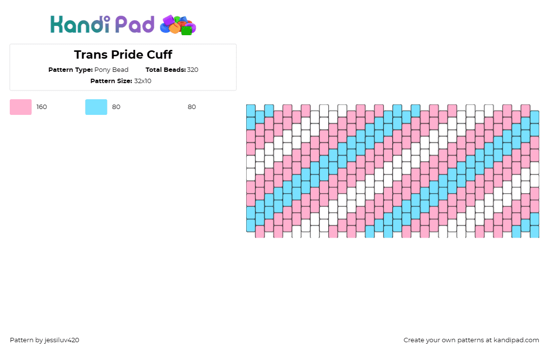 Trans Pride Cuff - Pony Bead Pattern by jessiluv420 on Kandi Pad - trans,pride,diagonal,stripes,cuff,pastel,pink,light blue,white