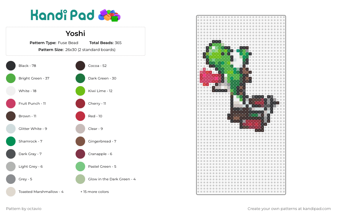 Yoshi - Fuse Bead Pattern by octavio on Kandi Pad - yoshi,mario,nintendo,character,classic,video game,green