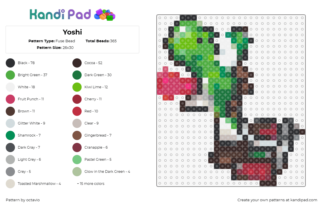 Yoshi - Fuse Bead Pattern by octavio on Kandi Pad - yoshi,mario,nintendo,character,classic,video game,green